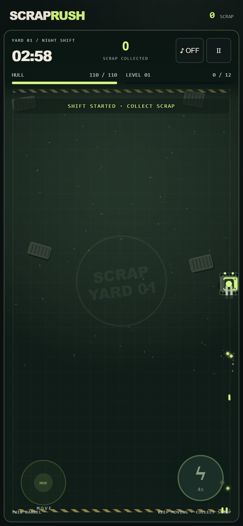 Scrap Rush development screenshot showing the scrapyard arena and touch controls
